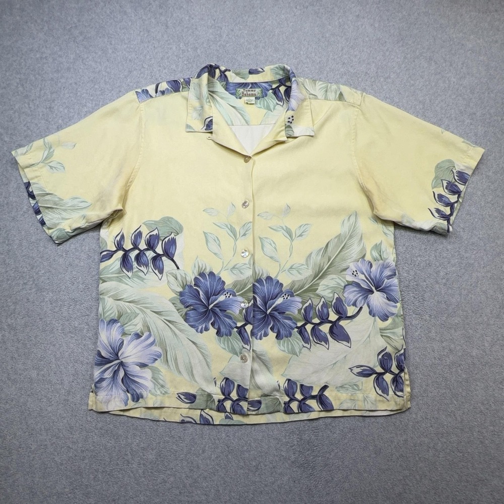 Tommy Bahama Shirt Women Medium Yellow Floral Hawaiian Short Sleeve Camp Collar